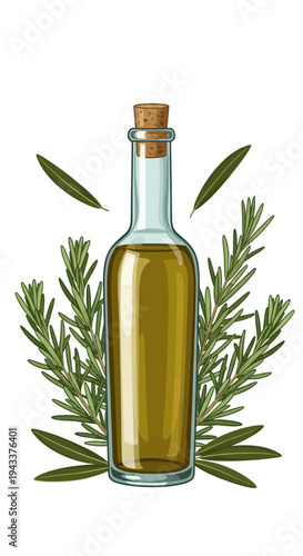 A rustic glass bottle filled with golden olive oil, artistically surrounded by sprigs of fresh rosemary, evoking the essence of Mediterranean cuisine and natural wellness practices