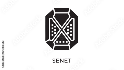 A black and white graphic of the SENET logo, an ancient Egyptian board game symbolizing strategy and fun, on a clean white background with bold lines and geometric shapes.