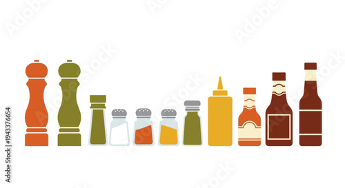 A collection of condiments and seasonings in bottles and shakers, including salt, pepper, ketchup, and mustard, presented in a clean, modern illustration style with a white background