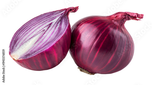 Ultra realistic HD red onion sliced half shiny purple skin, isolated on white background