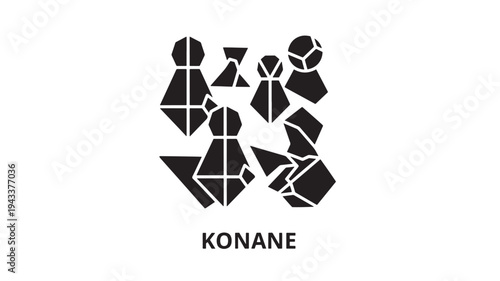 A stylized black logo of the Konane game on a white background, featuring geometric shapes, indoor game design