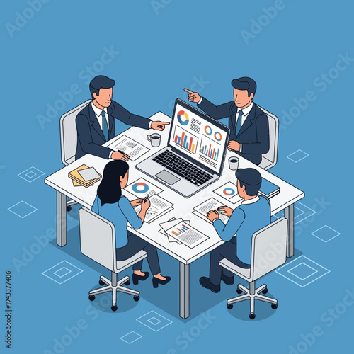 Business meeting with charts and graphs on laptop screen, team collaboration