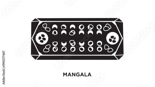 A black and white illustration of a Mangala game board, a strategic board game, on a plain background, perfect for indoor game enthusiasts and strategy lovers.