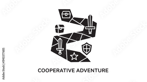 A black and white logo featuring a stylized letter with a sword, shield, star, and other adventure symbols, set against a clean white background, evoking a sense of teamwork and questing.