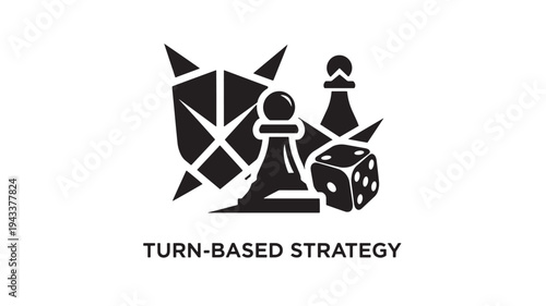 A black and white logo featuring chess pieces, a dice, and a shield on a clean white background, representing strategic planning and gameplay.