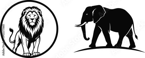 Black and white artistic illustration featuring regal lion inside circular border and walking elephant silhouette, symbolizing strength, wisdom, wildlife, and majestic animal design concepts