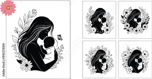Black and white artistic illustration of mother holding baby surrounded by floral elements and butterfly, symbolizing love, care, family bond, motherhood, and nurturing themes