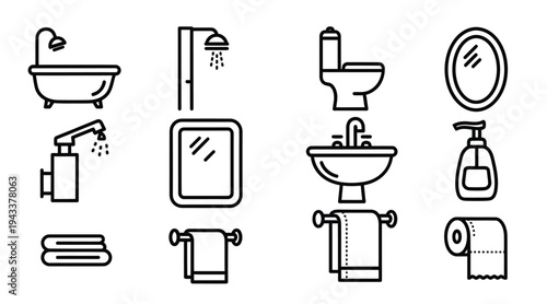 Bathroom essentials and fixtures line icons