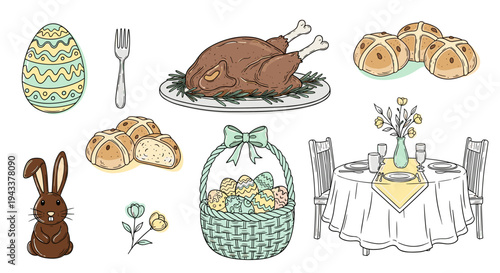 Festive Holiday Meal Icons: Roasted Fowl Decorated Eggs Baskets & Table Setting
