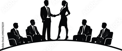 Black and white silhouette illustration of professional business meeting with handshake, teamwork, negotiation, and corporate interaction, ideal for concepts of partnership