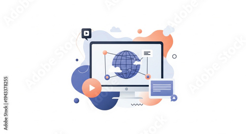 Global digital communication and multimedia streaming concept with world globe icon on computer monitor screen