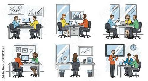 Diverse Office Workers Busy at Desks in a Vibrant Modern Workspace Illustration