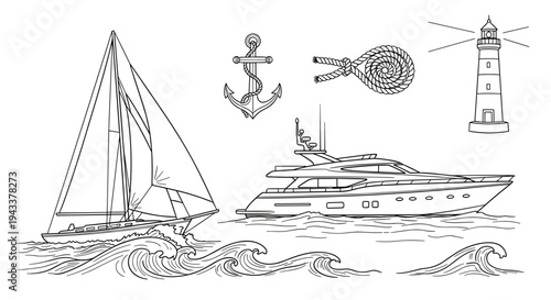 Nautical Collection Vector Outline Art: Sail Boats Yacht Lighthouse Anchor Rope