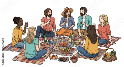 Diverse Friends Enjoying Outdoor Picnic with Food and Drinks on a Patterned Rug
