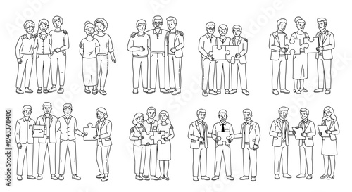 Business people assemble puzzle pieces depicting teamwork and collaboration achievement