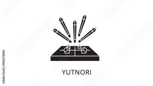 A black and white illustration of a Yutnori game board with pencils on top, representing a traditional Korean game, conveying strategy and fun in a simple, modern style.