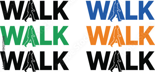 Creative typography design featuring the word WALK in multiple colors with integrated walking silhouette figure inside the letter A, symbolizing motion, fitness, and lifestyle concepts