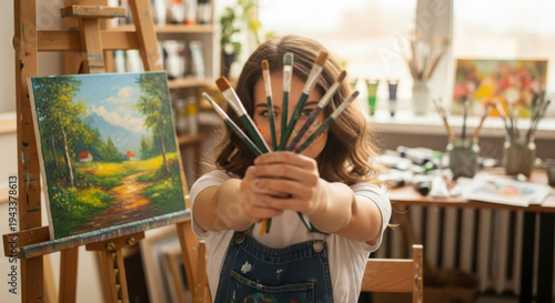 Wallpaper Mural a young girl holding paintbrushes in front of her face in a studio close up detail view natural ligh Torontodigital.ca