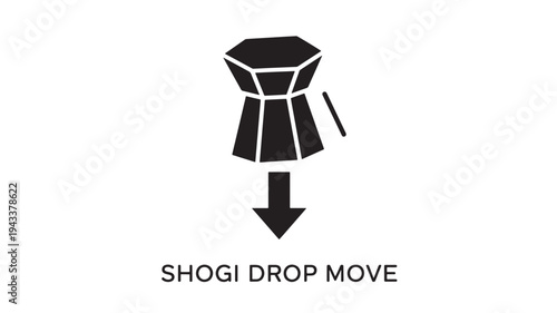 A vector graphic illustration of a Shogi game piece dropping down, demonstrating the Shogi drop move strategy on a clean white background, perfect for gaming and strategy concepts.