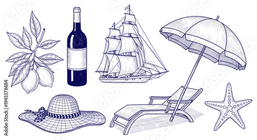 Summer Travel Vacation Elements Hand Drawn Sketch Set Nautical Beach Lifestyle