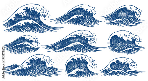 Set of Blue Ocean Wave Illustrations with Hand Drawn Style