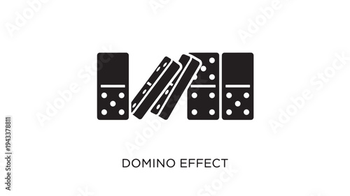 A minimalist illustration of the domino effect with black dominoes falling on a clean white background, conveying a sense of chain reaction and causality in a simple and professional style.