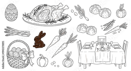 Abundant Festive Feast: Hand-Drawn Thanksgiving and Easter Elements Illustration Set