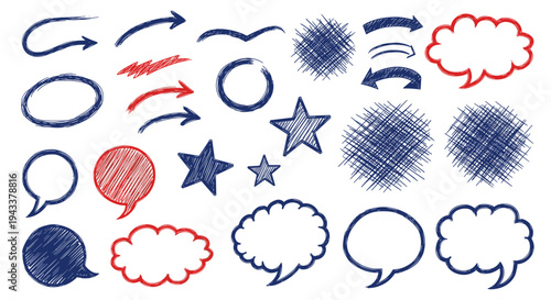 Assorted Hand-Drawn Sketch Elements: Bubbles Arrows Stars and Scribbles on White