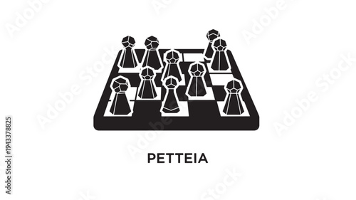 A black and white illustration of a Petteia game board with pieces, depicting a strategic and fun indoor activity for friends and family, with a clean and minimalist aesthetic.