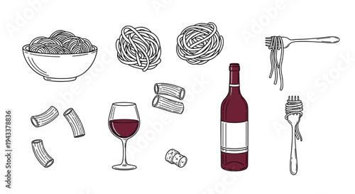 Italian Cuisine Elements Illustration with Pasta Wine Forks and Corks