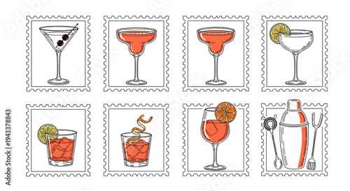 Illustration Set of Cocktail Glasses Shaker and Bar Tools Artwork with Outline