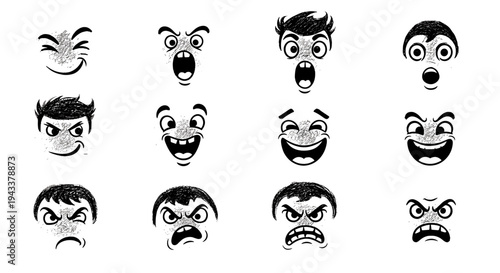 Abstract black faces with expressive emotions