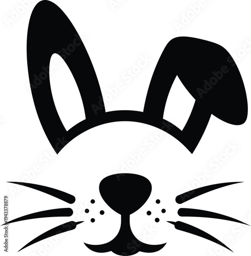 Cute bunny face with long ears black and white vector illustration isolated on transparent background