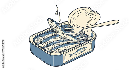 Illustration of fish can with fork open for a meal a vintage kitchen still life