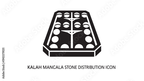 A black and white icon of a Kalah Mancala stone distribution board, representing a strategic game, on a clean white background, perfect for gaming or educational concepts.