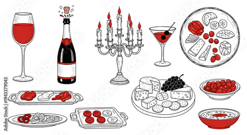 Elegant Dining Elements: Wine Cheese Fruit and Candlelight Illustration Set