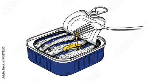 Illustration of a Fork Lifting a Fish from an Open Can of Sardines