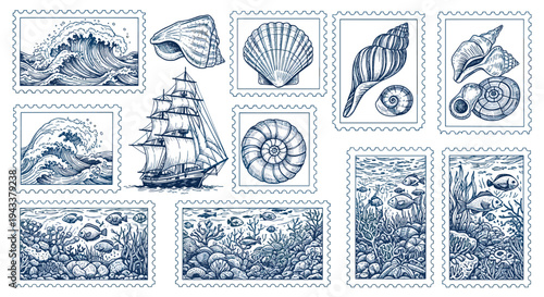 Nautical Themed Stamp Collection Featuring Ocean Elements and Sea Life