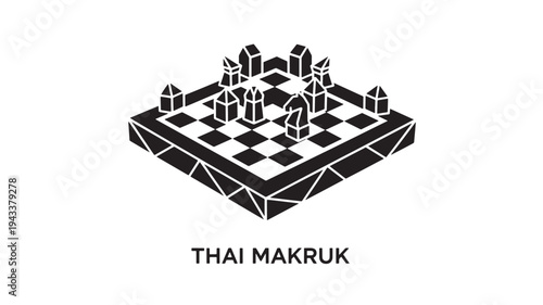 A black and white illustration of a Thai Makruk chessboard with pieces, showcasing a strategic game setup on a geometric patterned board.