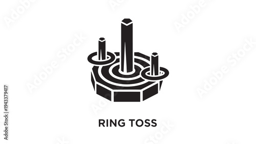 High-contrast black and white illustration of a ring toss game set, perfect for party invitations, game instructions, or decorative designs with a clean, minimalist aesthetic.