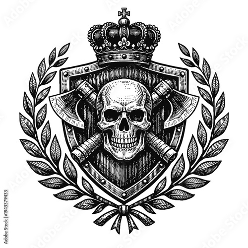 Majestic engraved skull emblem featuring crossed axes on a sturdy shield, crowned with royal elegance and framed by a victorious laurel wreath. A striking dark art masterpiece in intricate woodcut sty