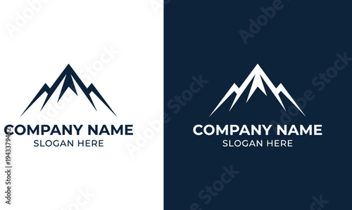Stylized mountain logo design with three peaks shown on white and dark blue backgrounds, symbolizing strength, stability, adventure, consulting, and growth‑oriented business branding concepts