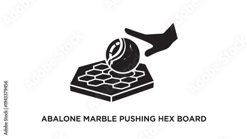 Black and white illustration of Abalone game piece moving on hexagonal board with hand guiding marble, strategic gameplay concept.