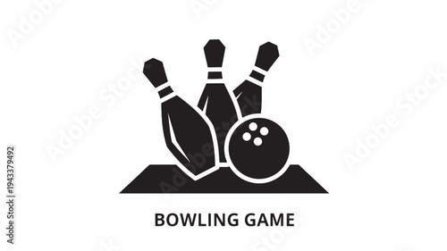 Minimalist black and white vector illustration of a bowling game featuring three pins and a ball, ideal for sports, leisure, and gaming concepts.