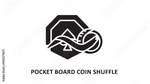 A minimalist logo design for a pocket board coin shuffle game, featuring a stylized coin and board in black and white, conveying a sense of fun and strategy.