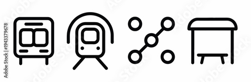 Public transport icon set featuring bus, metro train in tunnel, route map line, and bus stop shelter, minimalist black line art on white background
