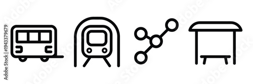 Public transport icon set featuring bus, metro train in tunnel, route map line, and bus stop shelter, clean minimalist black line art on white background