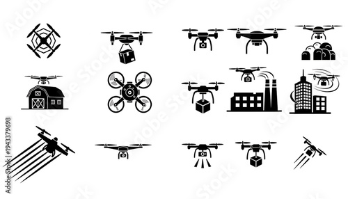 Drone vector symbols. Vector illustration of drones with black silhouettes of various designs and shapes. Various functionalities and services.