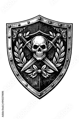 Striking black and white vintage heraldic shield emblem featuring a central human skull, intricately crossed swords, and elegant laurel wreaths, ideal for gothic, fantasy, and symbolic artwork, convey
