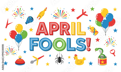 April fools day colorful celebration graphic with balloons and fireworks